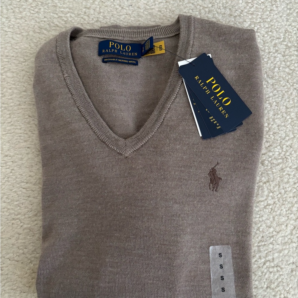 NWT Polo Ralph Lauren Men's Washable Wool Brown V-Neck Sweater Size S